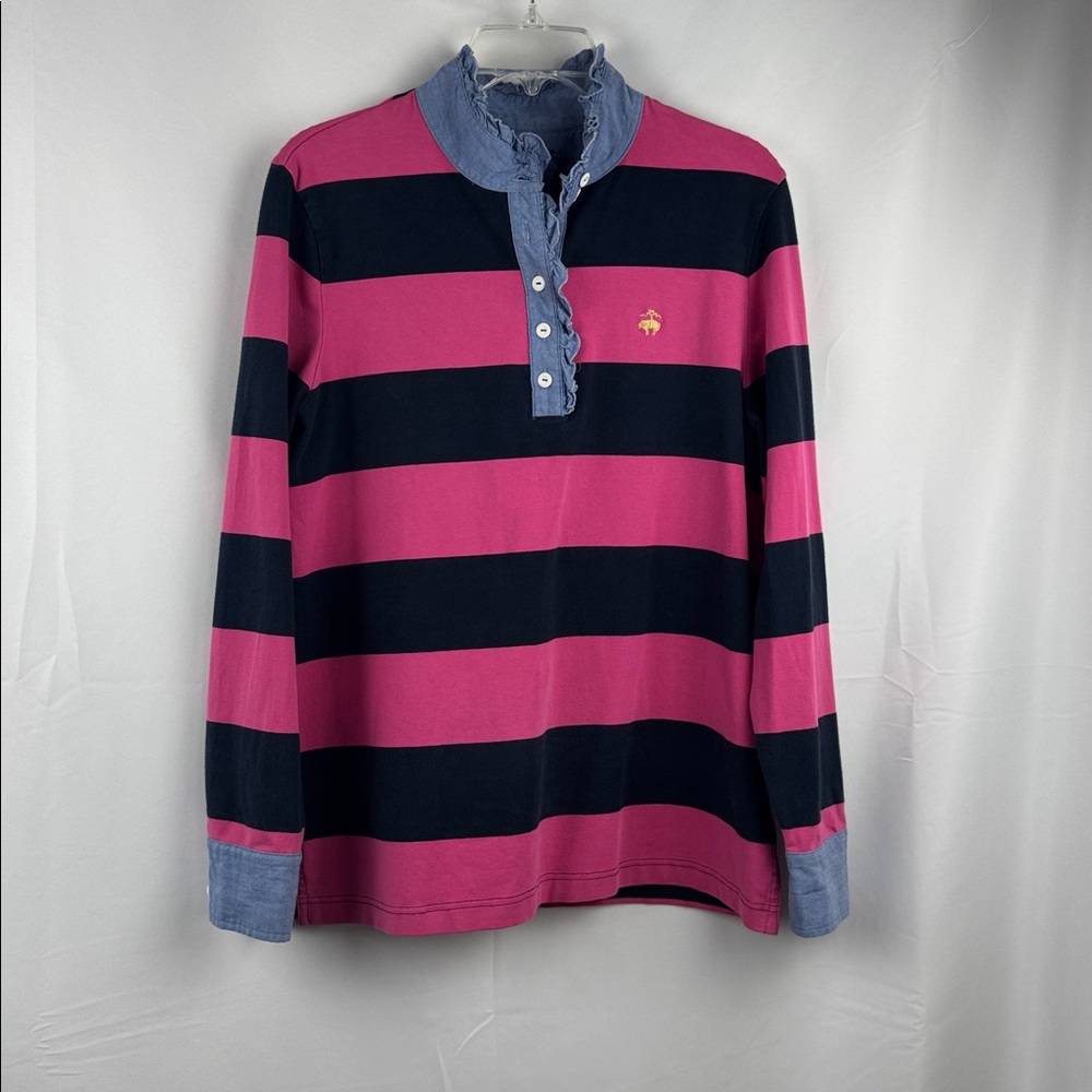 Brooks Brothers Women’s Rugby Pink Navy Stripe Chambray Ruffle Collar Size L